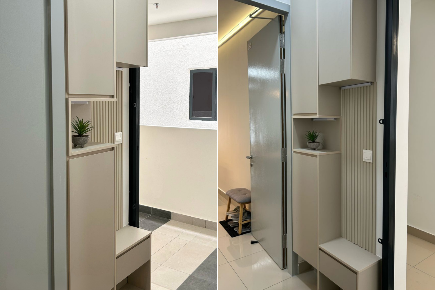Interior view of apartment hallway with wall-mounted shelves, small potted plant, and door with a gray finish, during daytime.