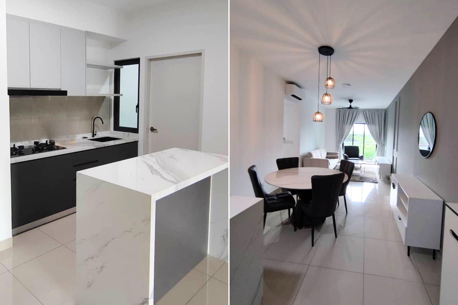 Side-by-side images of a modern kitchen and living room in an apartment. The kitchen features white and black cabinetry, a marble island, and a window with black framing. The living room has a dining table with black chairs, a white sofa, a round mir