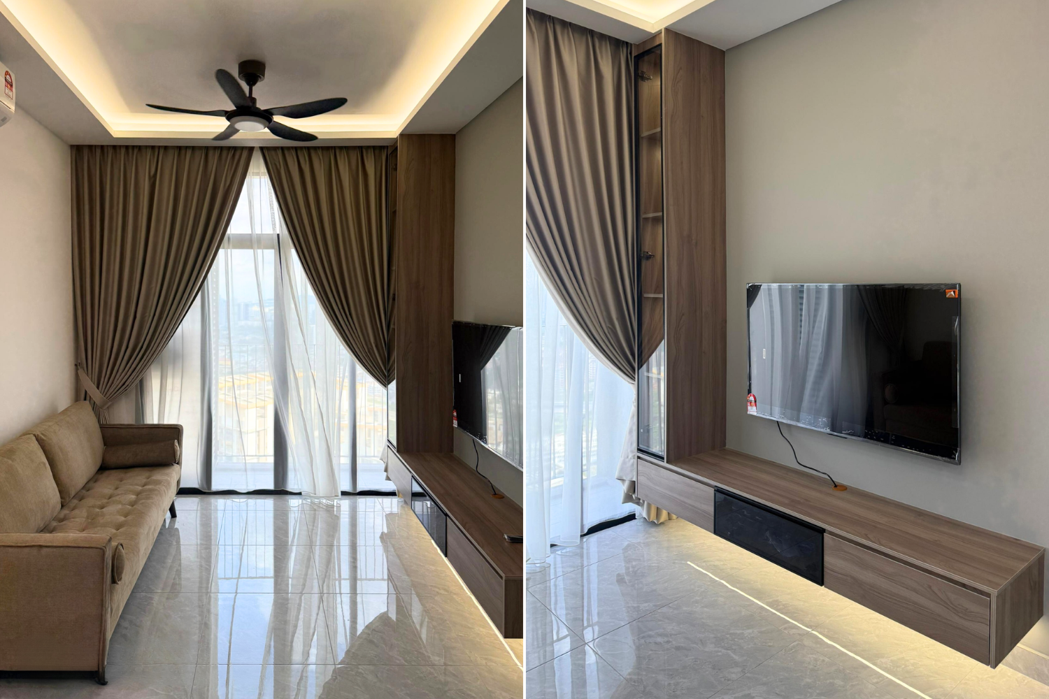 Living room with beige sofa, large window with gold curtains, mounted flat-screen TV on a wooden wall, and a wooden floating entertainment unit.