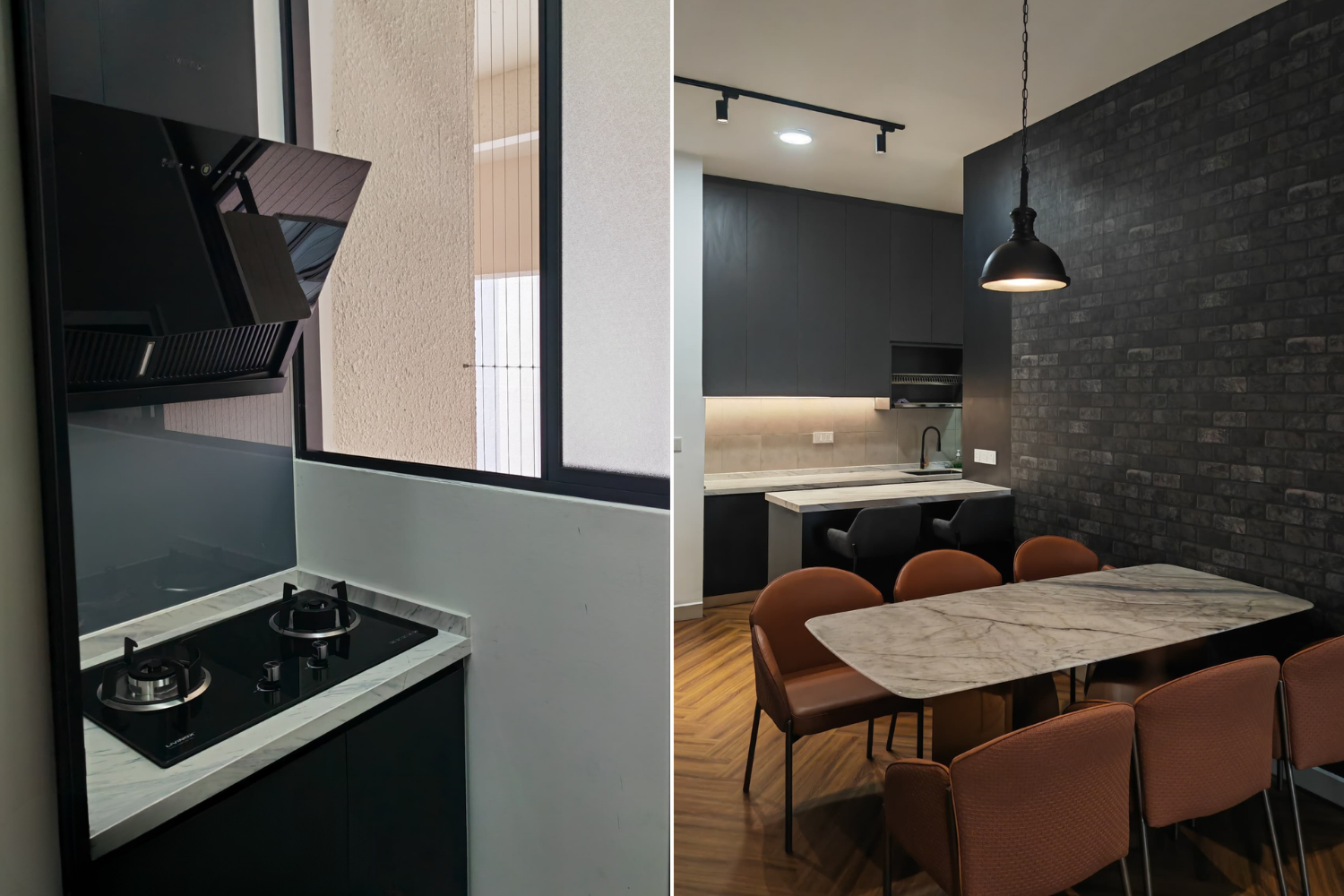A split view of a modern kitchen and dining area. The left shows a small kitchen with a two-burner gas stove, black cabinetry, and a textured beige wall behind a glass partition. The right features a dining table with a marble top, surrounded by brow