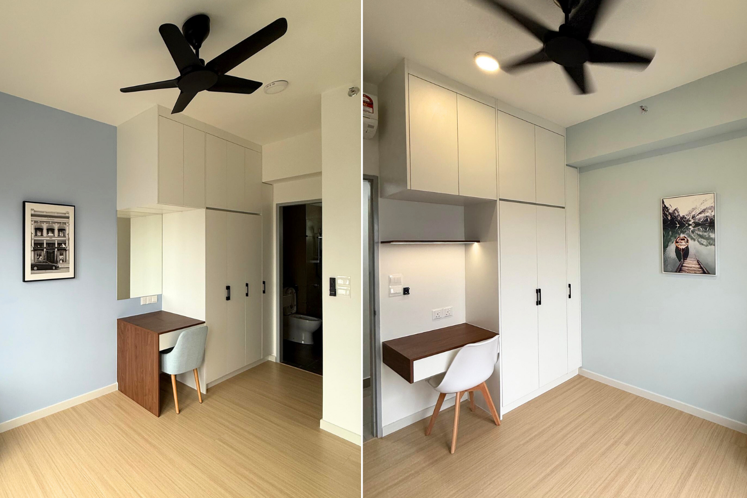 Comparison of same room before and after renovation showing white cabinets, a small desk with a chair, wooden flooring, ceiling fans, and framed pictures on the wall.