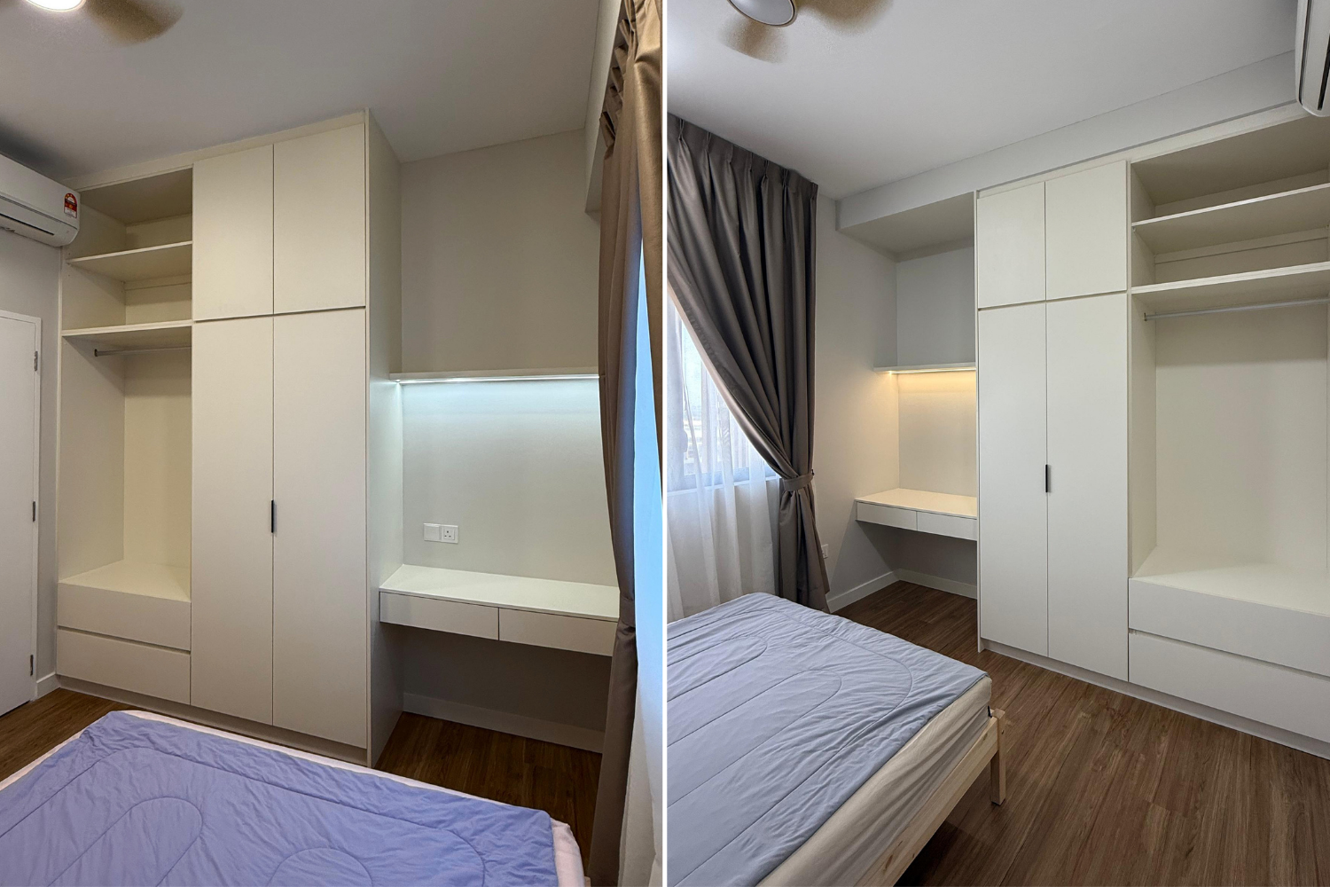 Comparison of a bedroom before and after renovation showing a white wardrobe, wooden flooring, and a bed in both images. The room has a window with curtains, and an air conditioner is visible in the top corner.