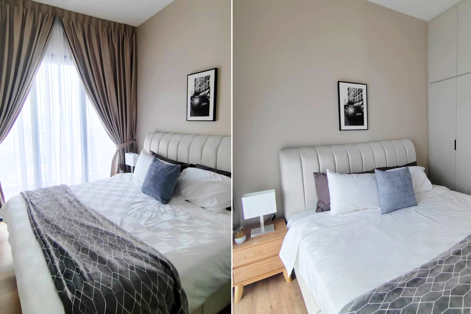Comparison of a bedroom before and after cleaning: left side shows a bed with a patterned bedspread, blue pillow, and curtains, right side shows a tidied bed with a plain white bedspread, gray pillow, and a nightstand with a lamp and small decor