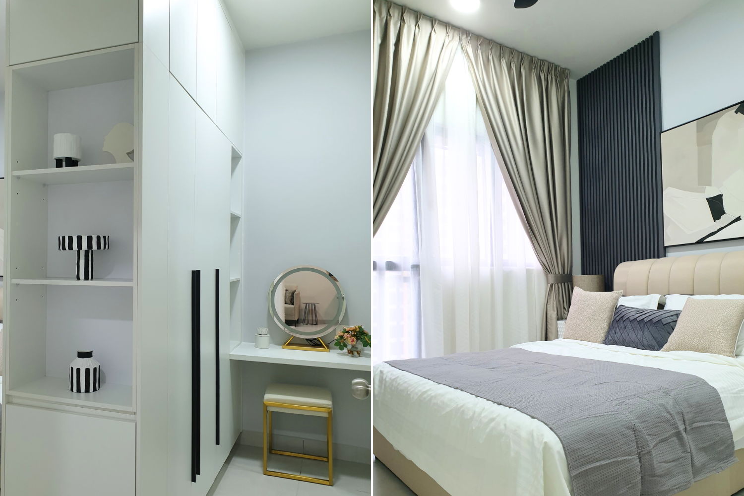 Split view of a modern bedroom and closet, with the bedroom showing a bed with pillows and curtains, and the closet featuring shelves and decorative items.