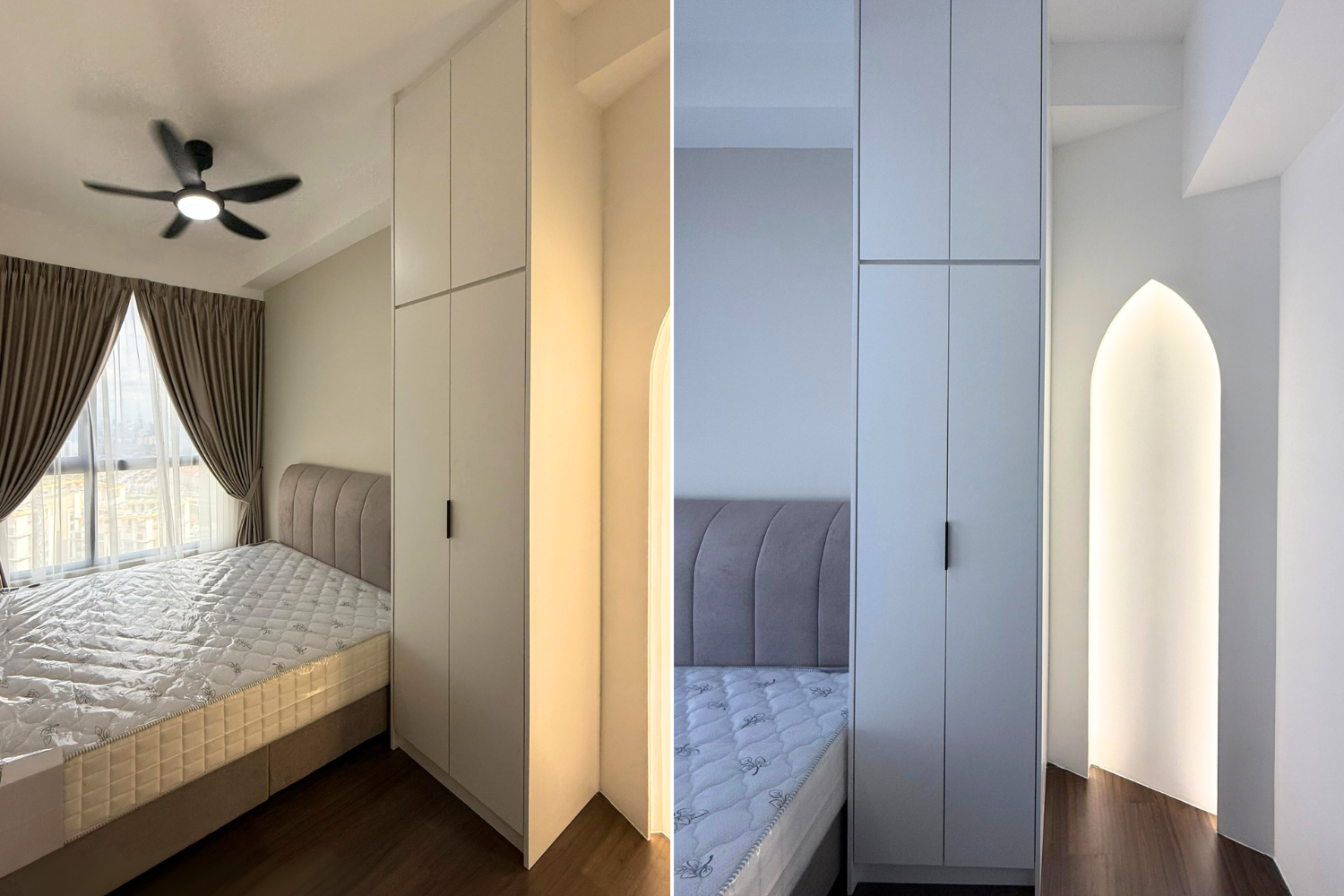 Comparison of a bedroom before and after renovation, showing a bed, window with curtains, ceiling fan, and a closet with lighting.