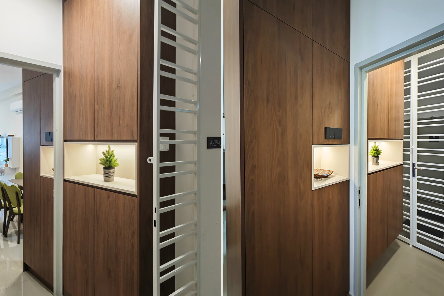 Interior view of a wooden built-in cabinet with a small potted plant in a shelf, located near a white-framed doorway with a metal grid security door, in a modern home.