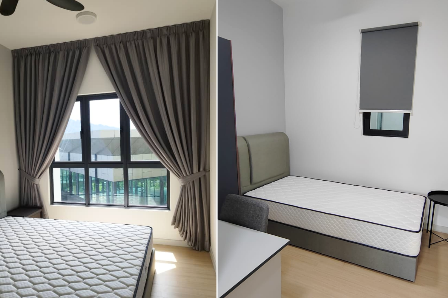 Comparison of two bedrooms, one with large window and gray curtains, the other with small window and gray roller shade.