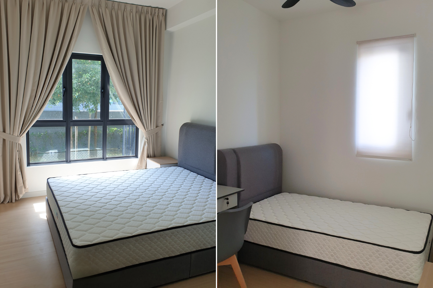 Comparison of two bedrooms, both with beds and windows, the left bedroom has large curtains and a view outside, while the right bedroom has a smaller window with a blind and a desk with a chair.