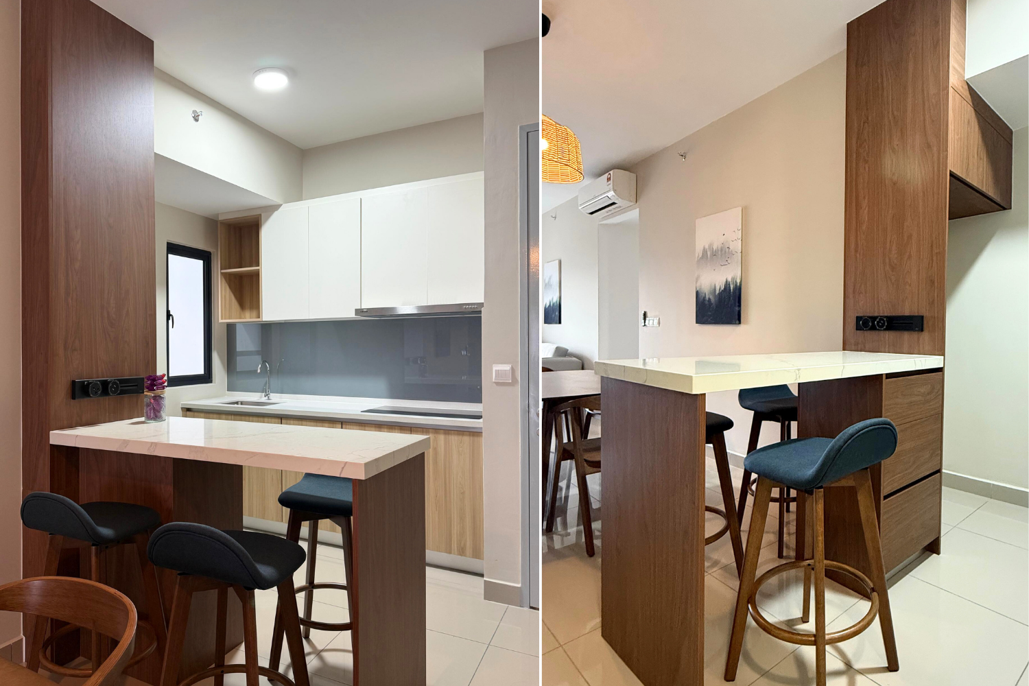 Side-by-side photos of a modern kitchen and dining area with wooden accents, white cabinets, a small breakfast bar with stools, and contemporary artwork on the walls.
