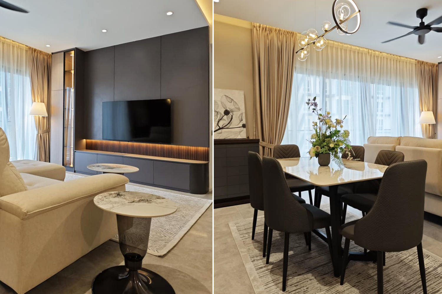 Side-by-side view of a modern living room and dining area in a home or hotel suite. The living room features a cream-colored sofa, marble-topped side tables, and a large flat-screen TV mounted on a dark accent wall. The dining area has a rectangular 