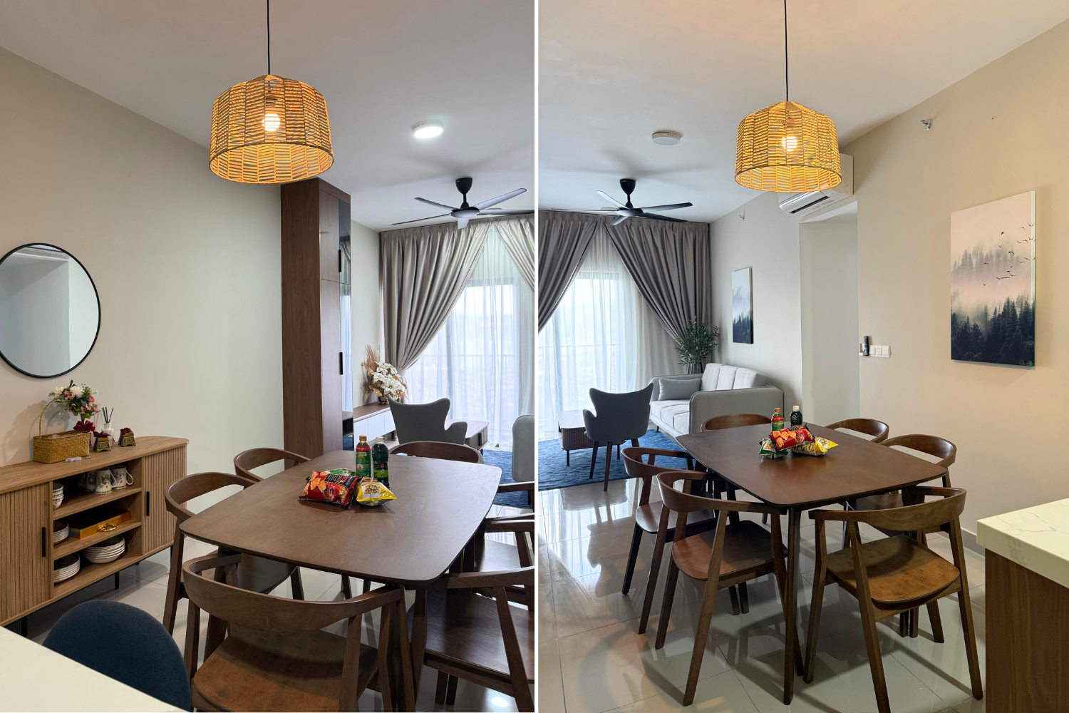 Living room with dining table, chairs, sofa, curtains, ceiling fans, wall art, and a decorative cabinet.