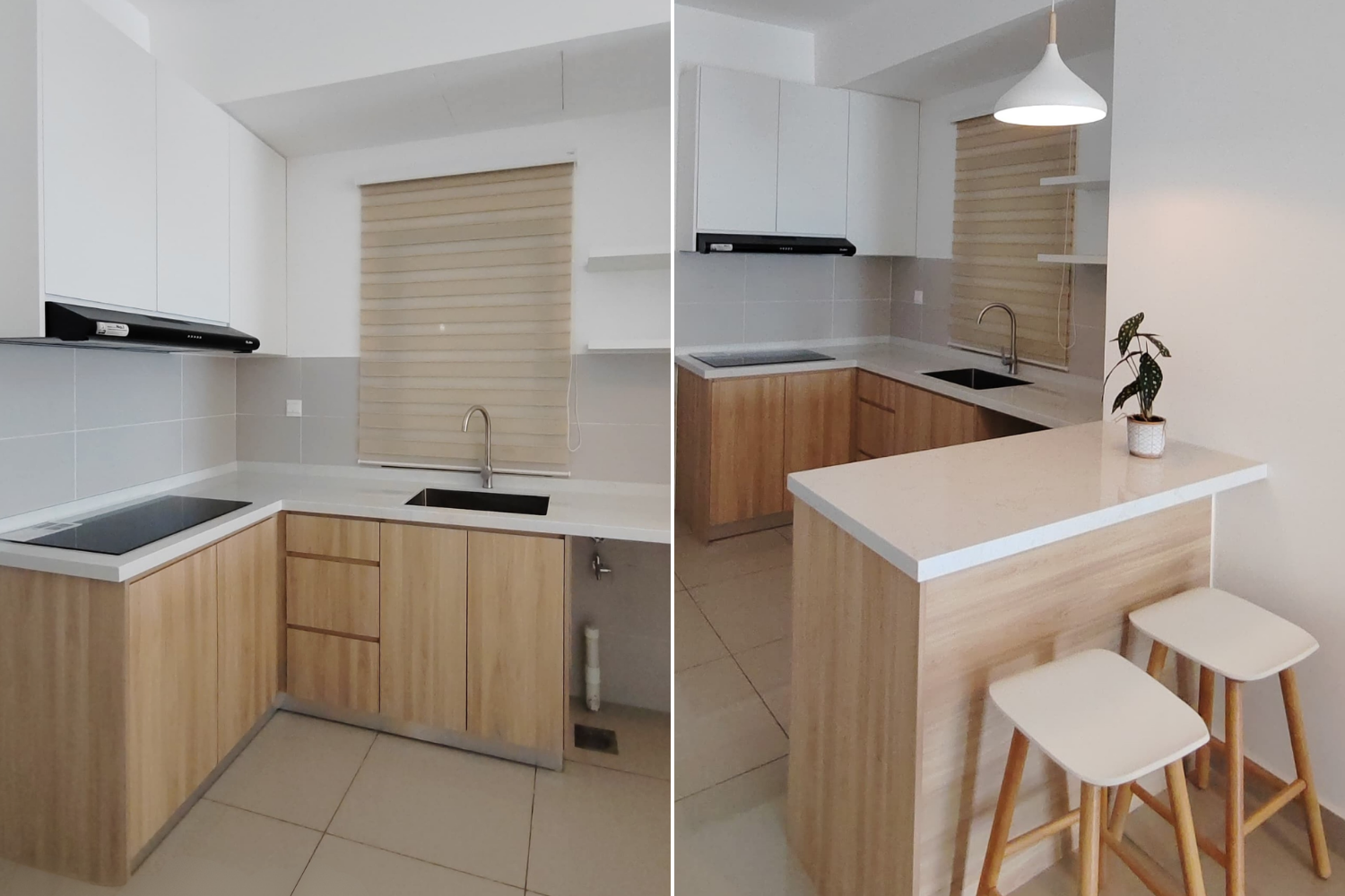 Comparison of a modern kitchen before and after renovation, showing updated cabinets, countertops, and layout.