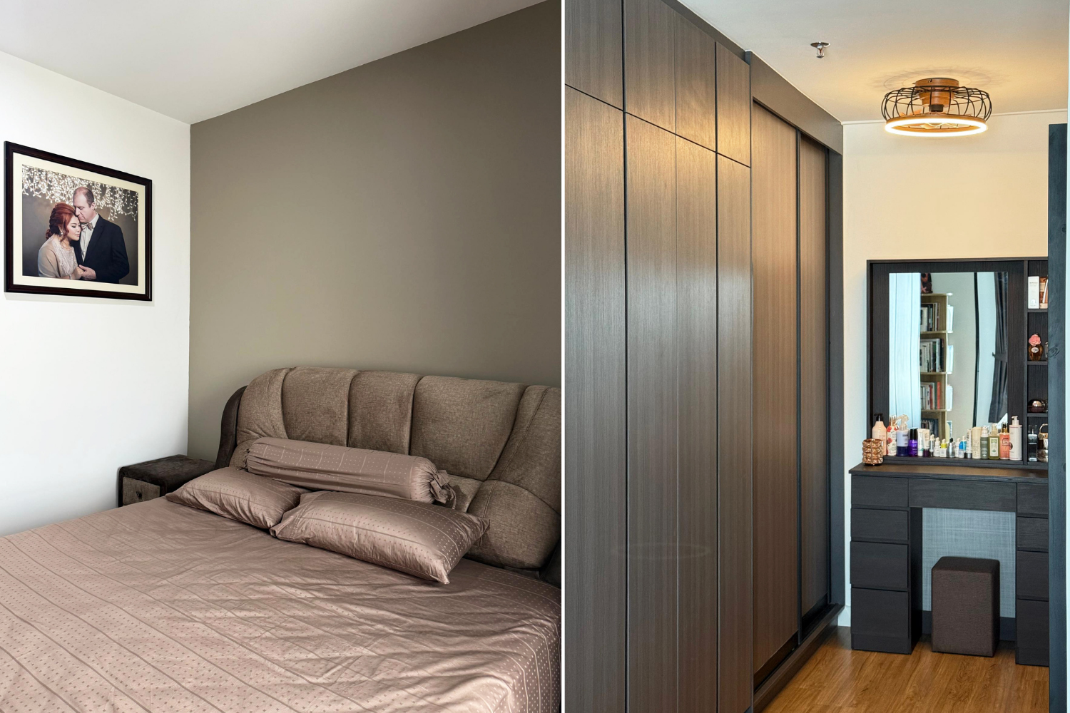 A bedroom with a bed, pillows, and a portrait on the wall on the left; a hallway with wooden cabinets, a mirror, a vanity with products, and a ceiling light fixture on the right.