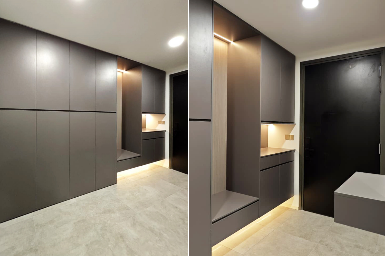 Side-by-side images of a modern, minimalist interior with dark gray cabinetry, a black door, and beige tiled flooring, illuminated by recessed lighting.