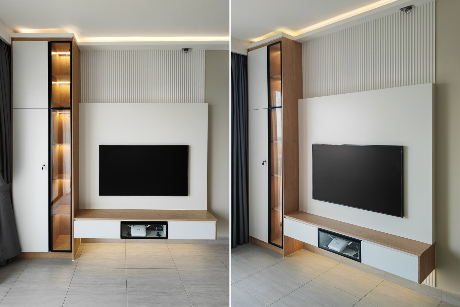 Modern living room with a mounted flat-screen TV, a white and wood-colored media console, and a tall glass display cabinet with interior lighting, designed with minimalist style and neutral colors.