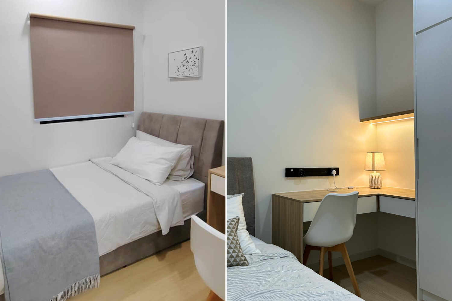 Interior of a bedroom split into two sections, showing a bed with a beige headboard, white bedding, and a window with a beige blind; paired with a workspace featuring a desk, a chair, a small lamp, and wall-mounted electronic devices.