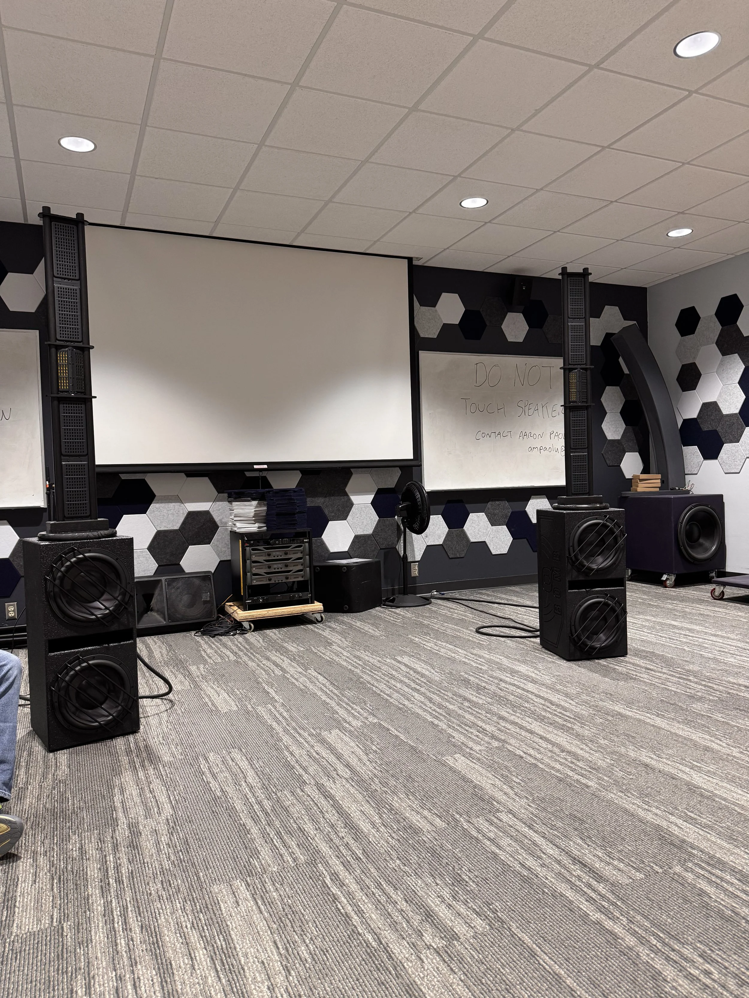 left and right open baffle planar tweeter towers and left and right dual woofer subs.
This build is for Martin Atkins and his Industrial Music Museum.   
