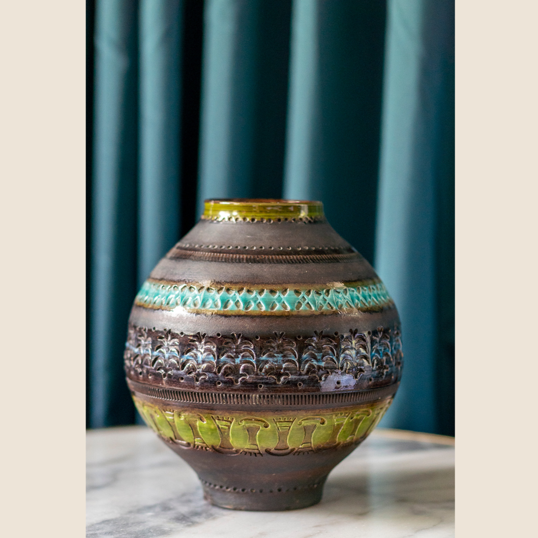 1970s Italy - Bitossi Londi Genovese black vase with blue & green motifs