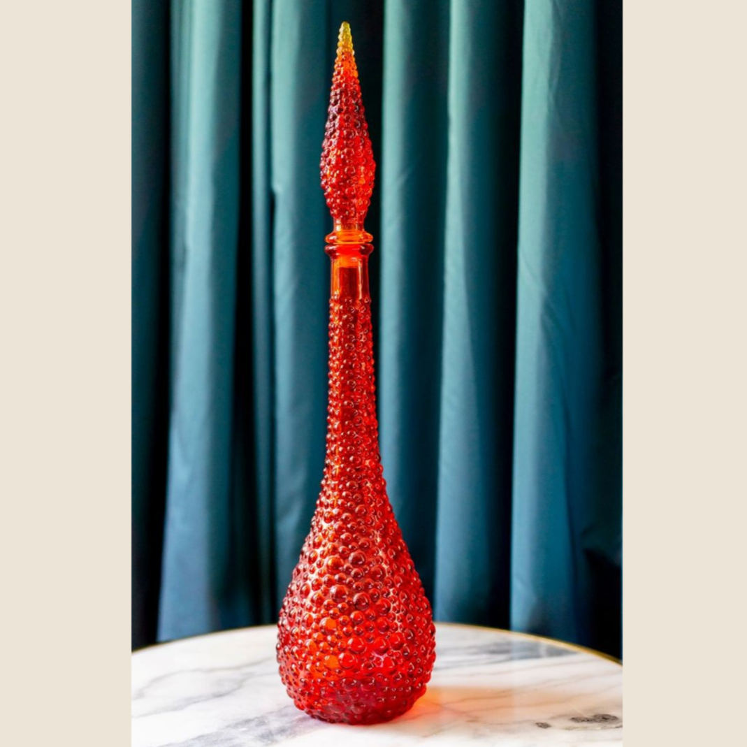1960s Italy - Empoli hobnail glass genie bottle in red