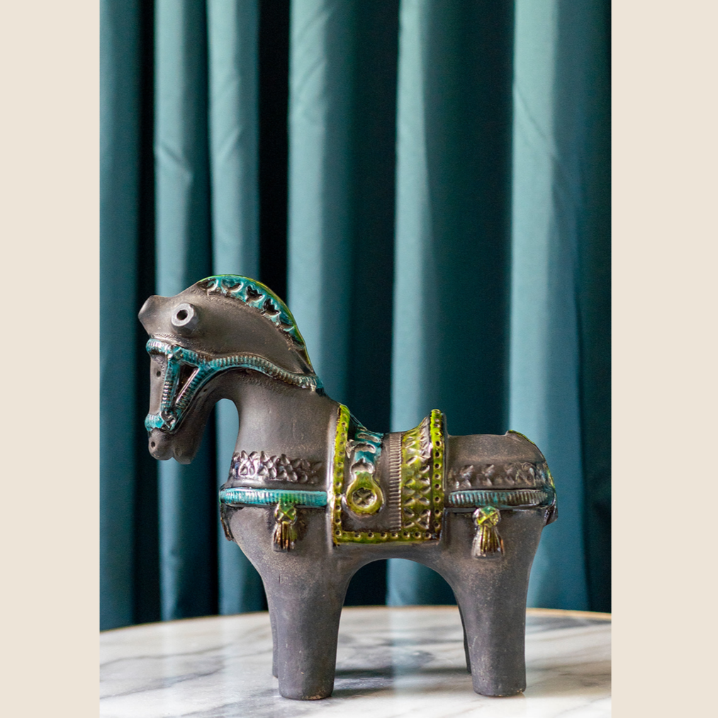 1960s Italy - Bitossi Londi Genovese horse in black with blue & green motifs