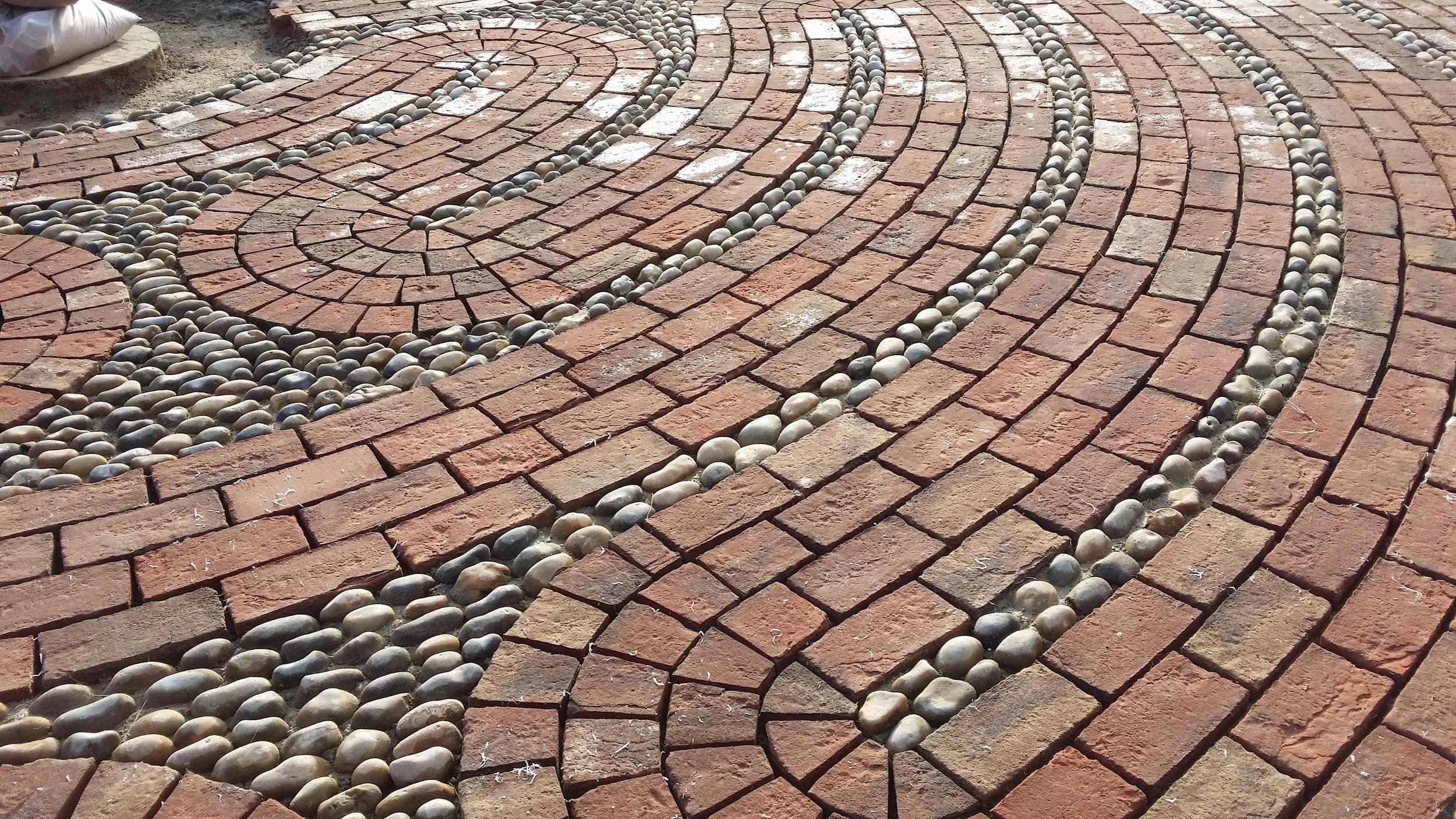 Brick-paved labyrinth garden