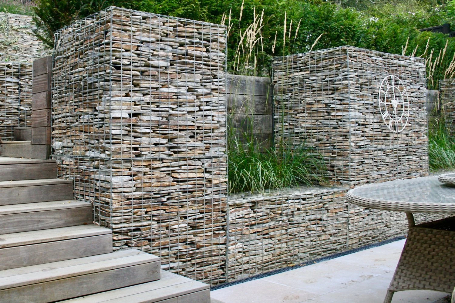 Completed garden with gabion walls and planting, South West France
