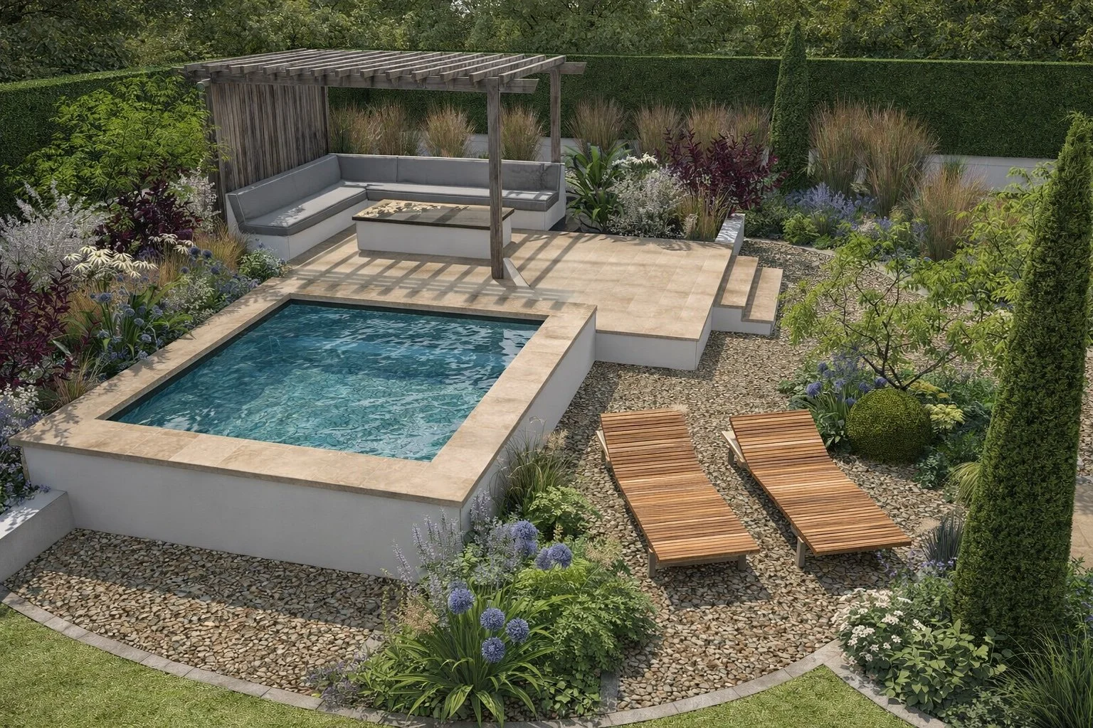 3D visual of a contemporary garden with pool, pergola and layered planting design