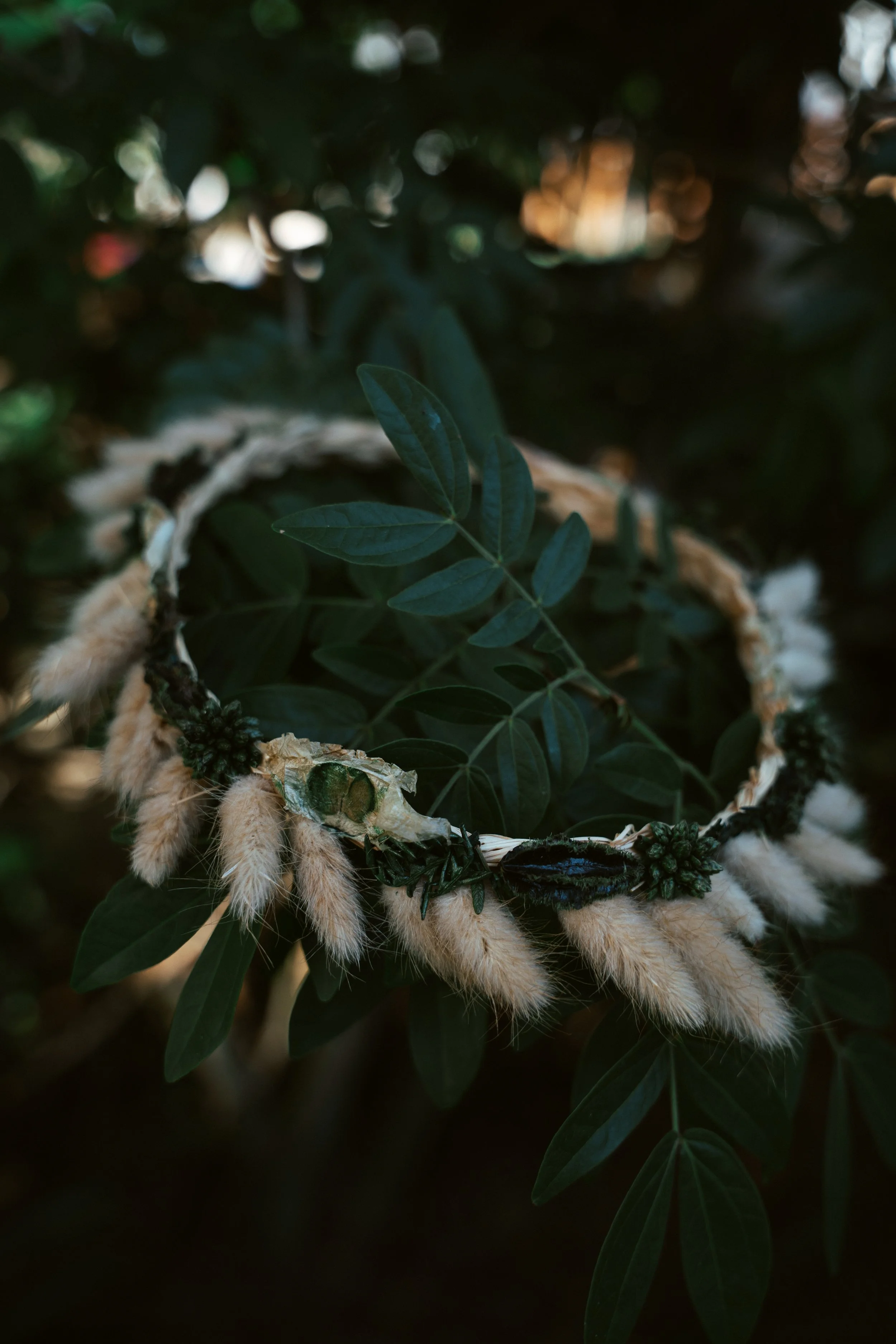 A flower crown made of green leaves, beige fluffy material, and dried seed pods or pinecones, placed on a leafy branch.