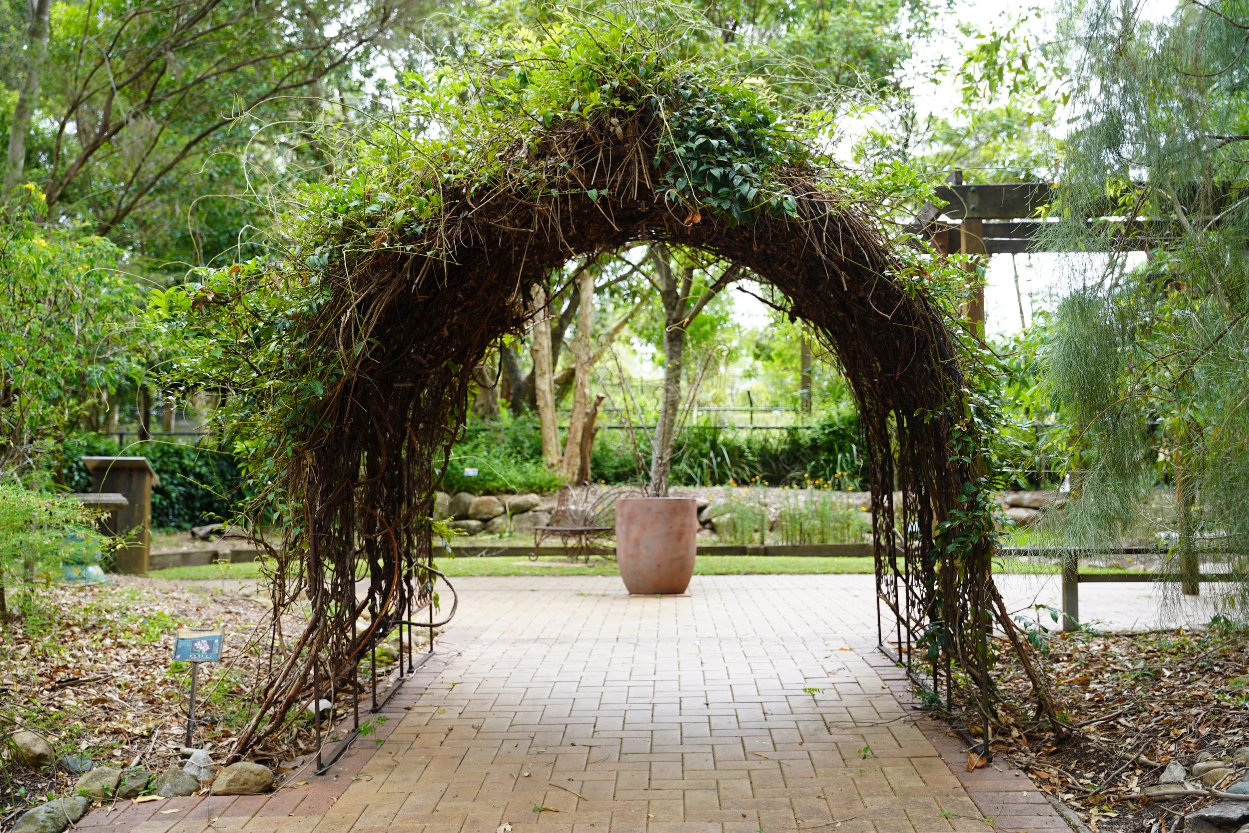 A decorative arch made of intertwined branches and greenery in a garden, with a paved walkway leading through it and a large terracotta pot in the background.