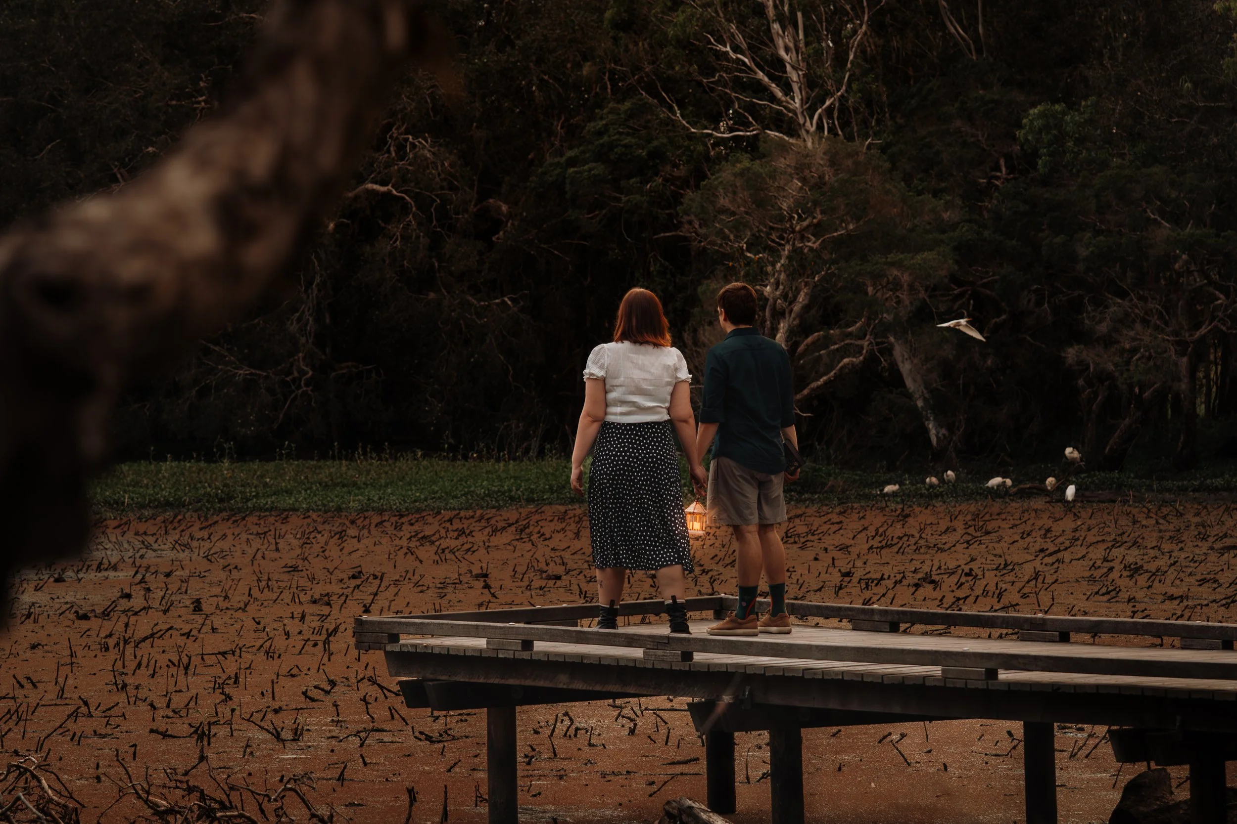 A couple standing on a wooden dock at sunset, holding hands and facing a wooded area with white birds flying and perched nearby.