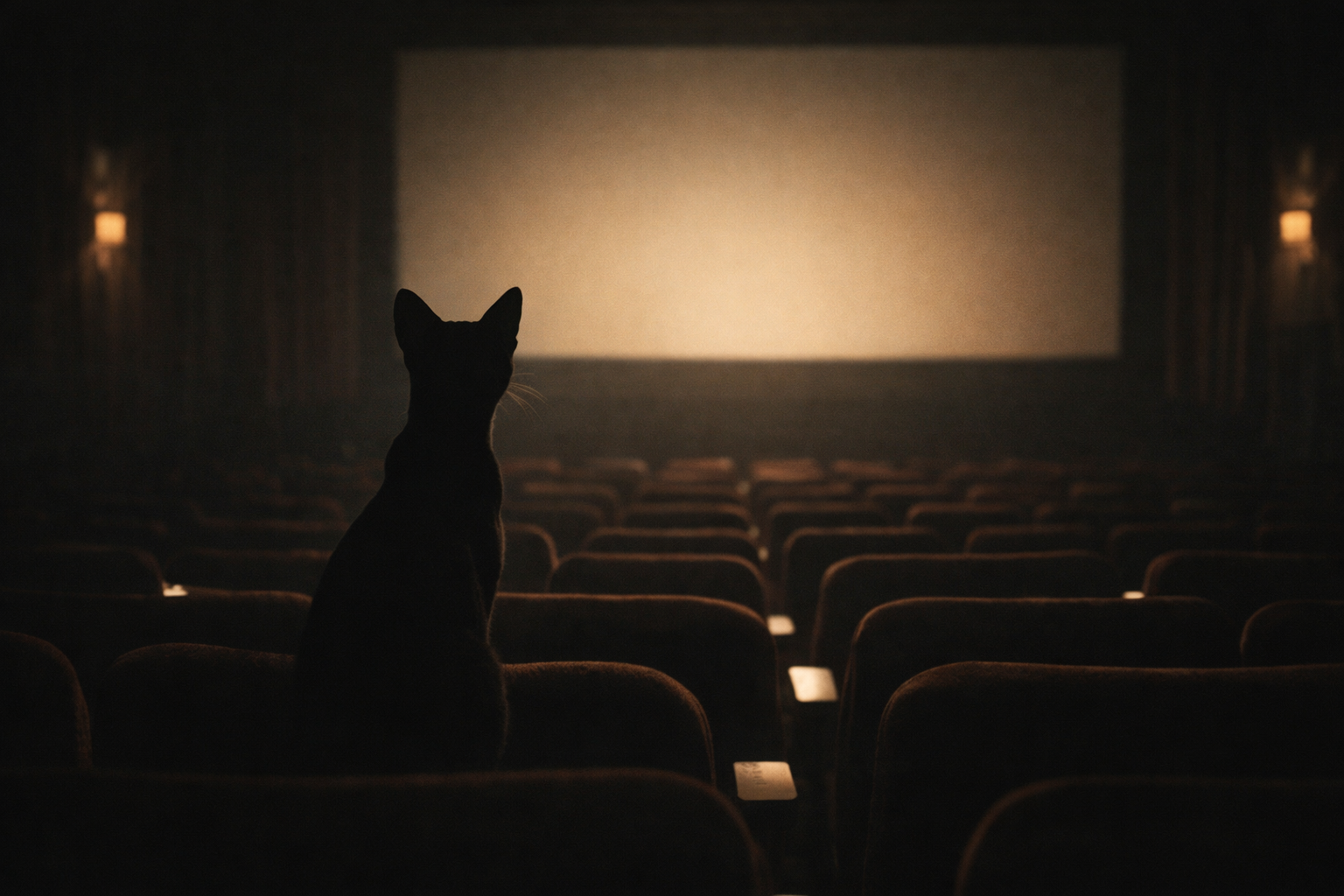 Silhouette of a cat sitting in an empty movie theater watching a film on the screen.