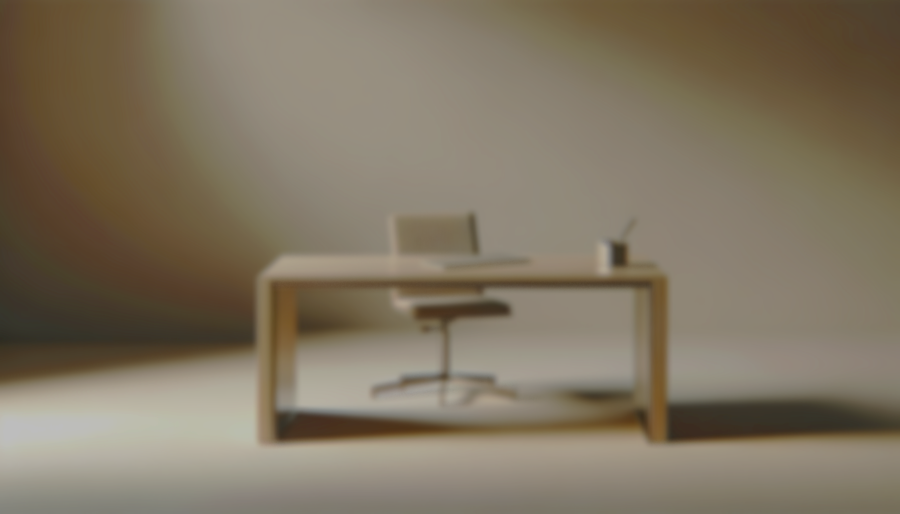 Empty minimalist office desk with a chair, a laptop, a notebook, and a container with pens against a plain background.