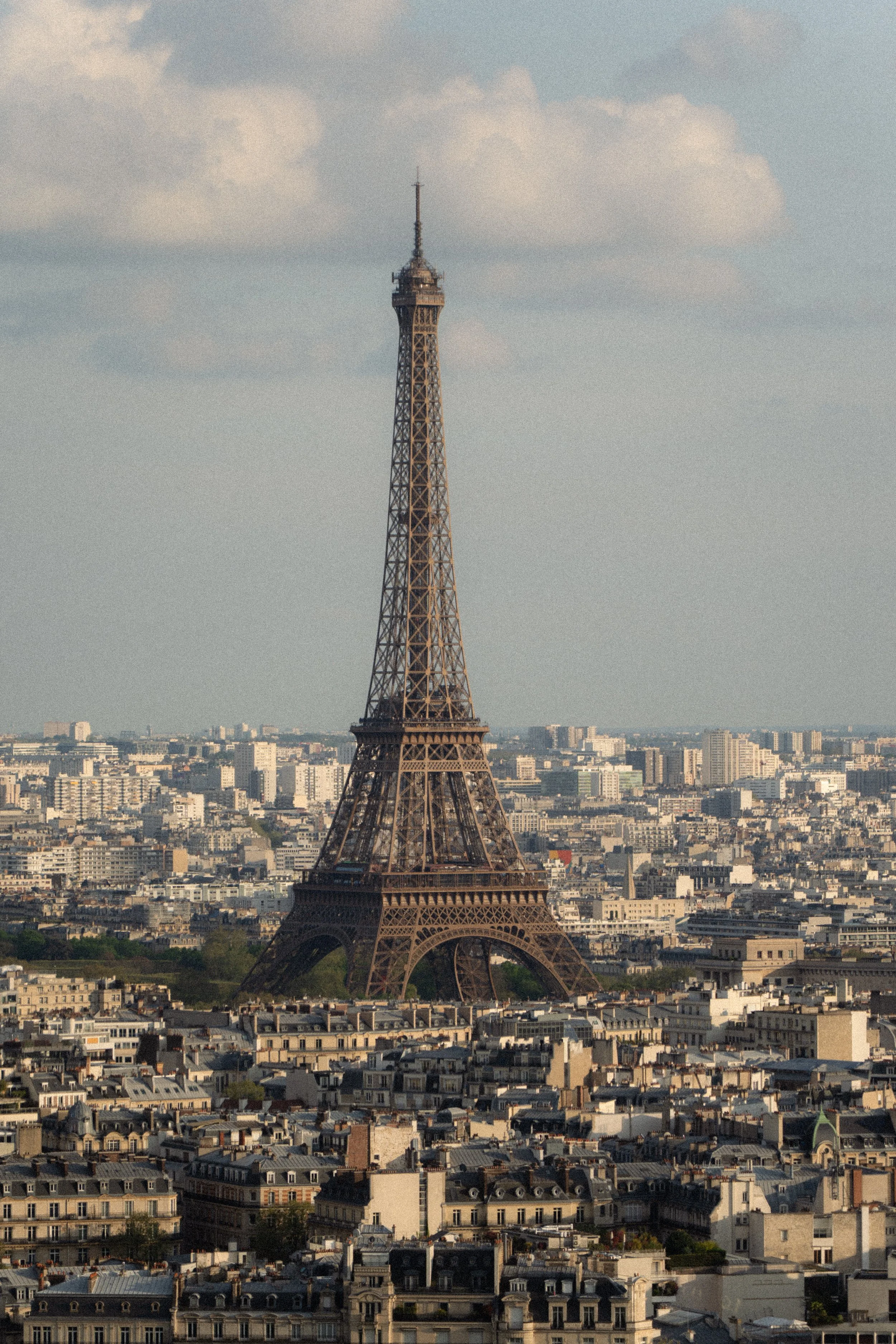 La tour Eiffel surplombant un quartier résidentiel de Paris avec des immeubles en toiture zinc gris et peu d'arbres visibles.