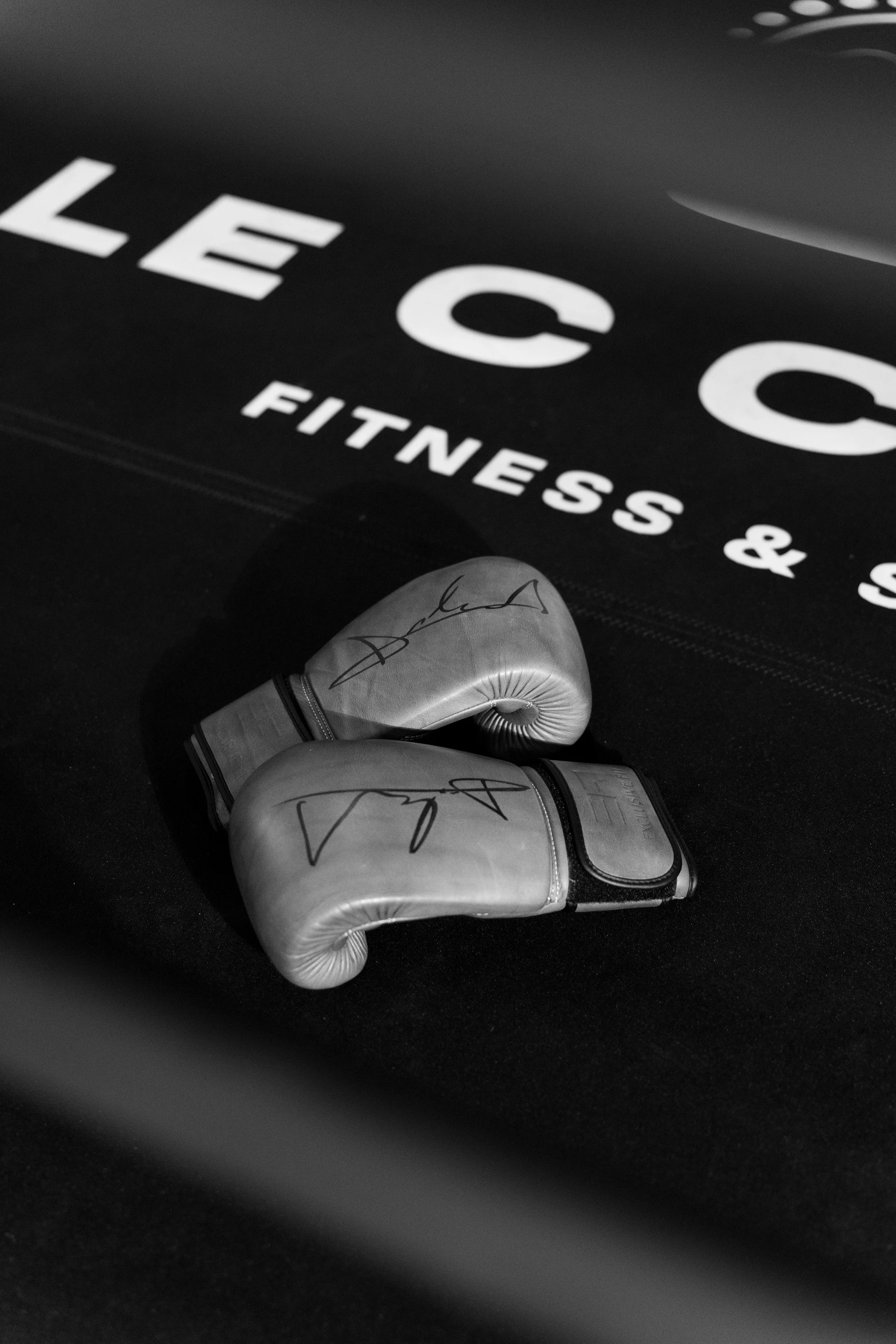 Une paire de gants de boxe signés repose sur un tapis de sol dans une salle de sport, avec un panneau publicitaire en arrière-plan indiquant 'LE CO' et 'FITNESS & S'.