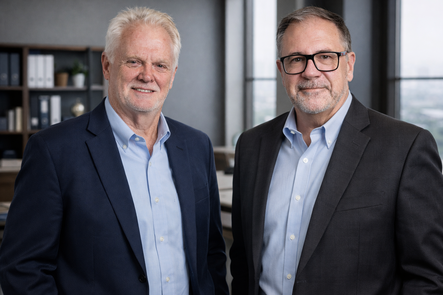 Two middle-aged men in suits standing in an office, smiling at the camera.