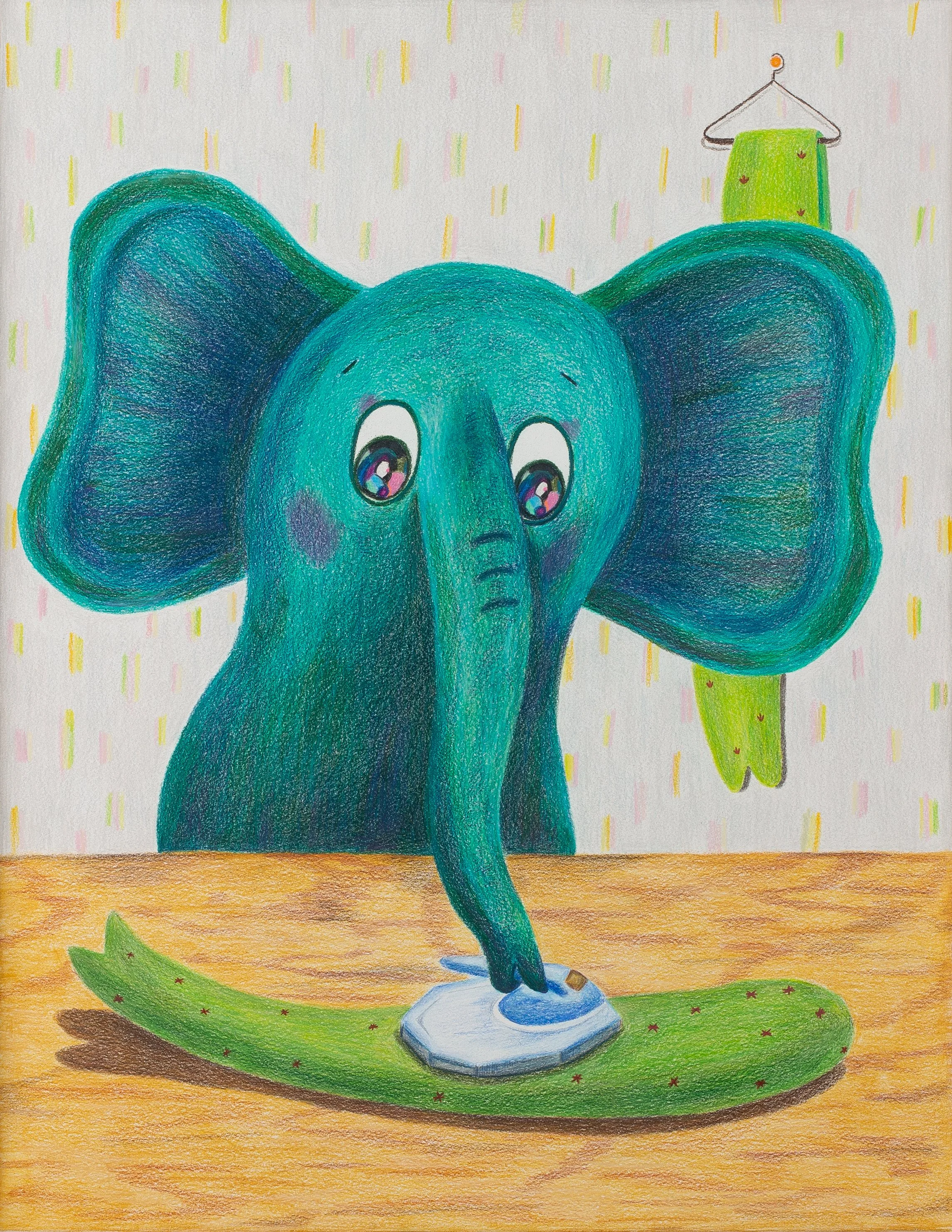  Getting Ready: Ironing, 2025, Colored pencil on paper, 53.0 x 40.9 cm