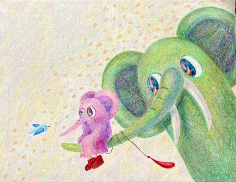 어디가? (Going Somewhere?), 2026, Colored pencil on paper, mounted on wood panel, 31.8 x 40.9 cm