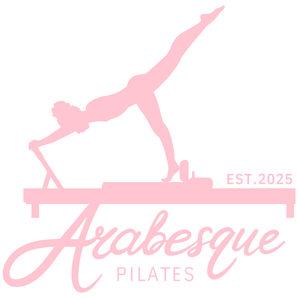 Logo of Arabesque Pilates, featuring a silhouette of a woman doing a yoga or Pilates pose on a reformer machine, in pink color, with the text 'Arabesque Pilates' and 'EST. 2025'.