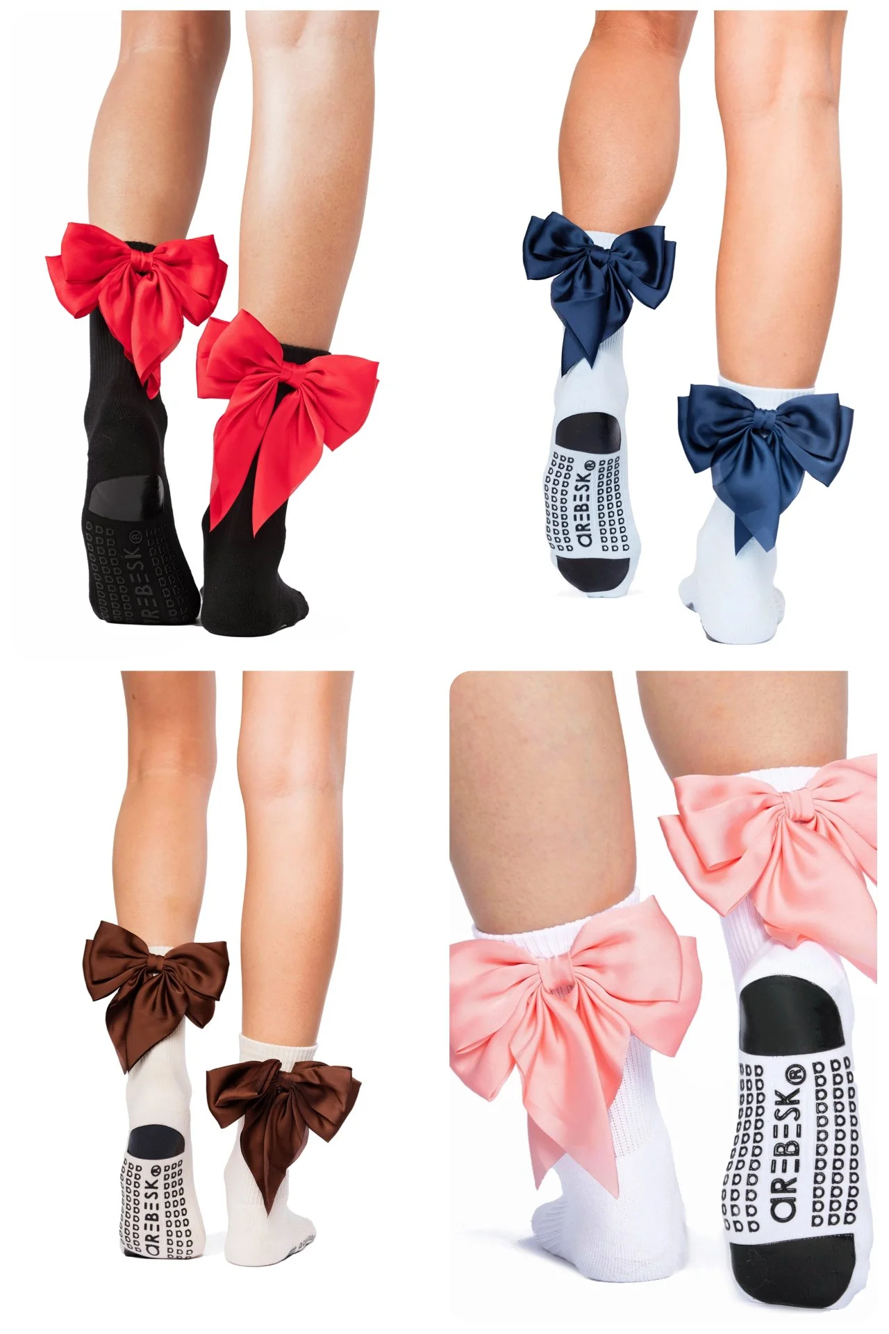 Crew grip sock with bow detail. Red, blue, brown and coral bow variations