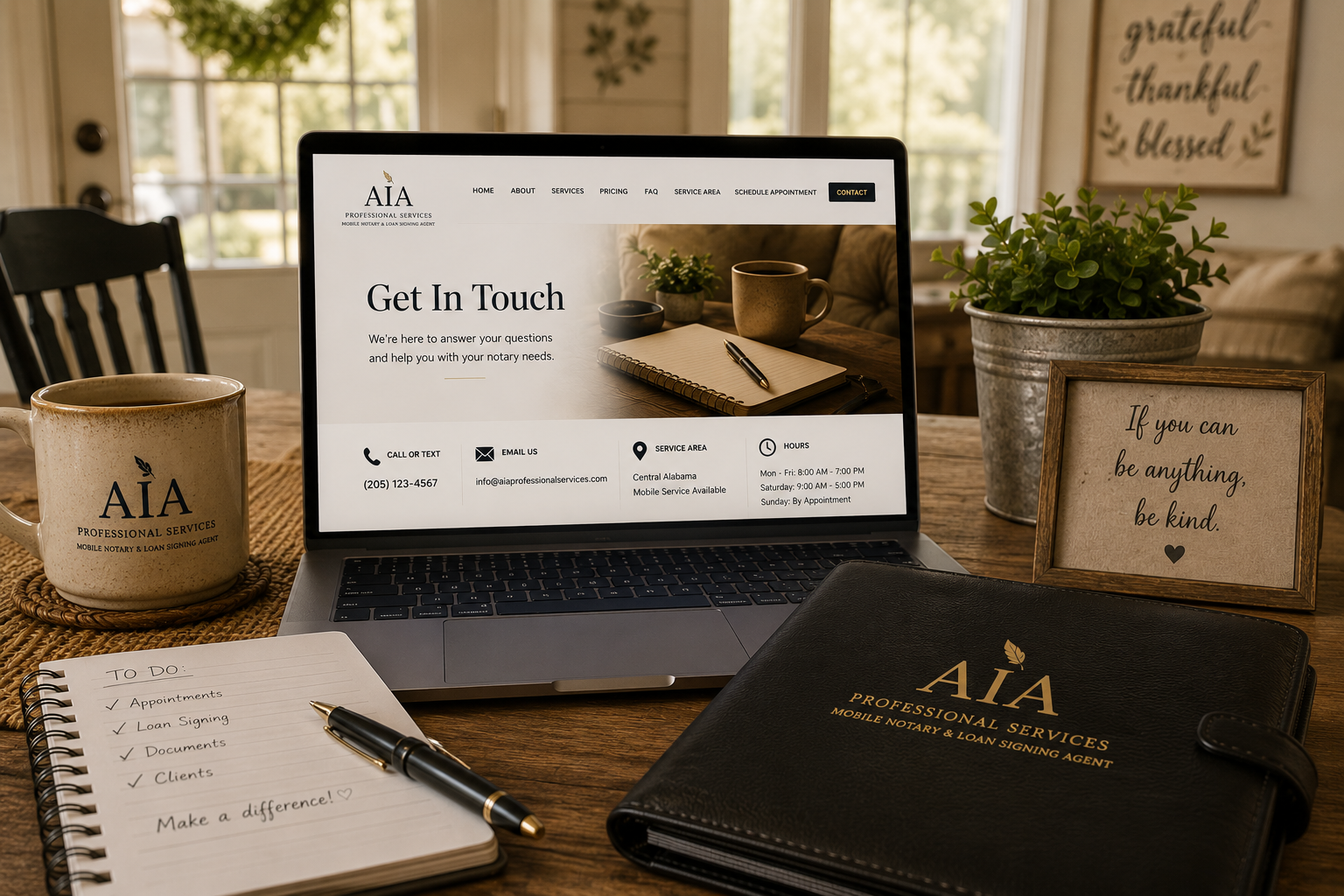A laptop on a wooden table displaying a professional services website for AIA, with contact information. Surrounding items include a coffee mug, a notebook, a pen, a small framed quote, a potted plant, and a black leather planner.