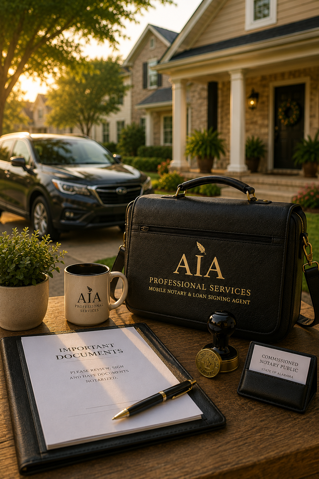 Important documents, a pen, a coffee mug, and a briefcase with 'AIA Professional Services' on it on a wooden table outside a house, with a car parked in the driveway during sunset.