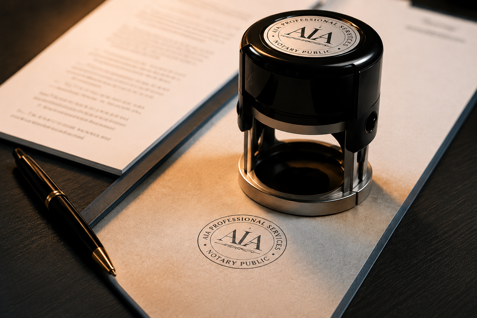 A notary public stamp, a pen, and an open document on a desk, with a sheet of paper containing text in the background.