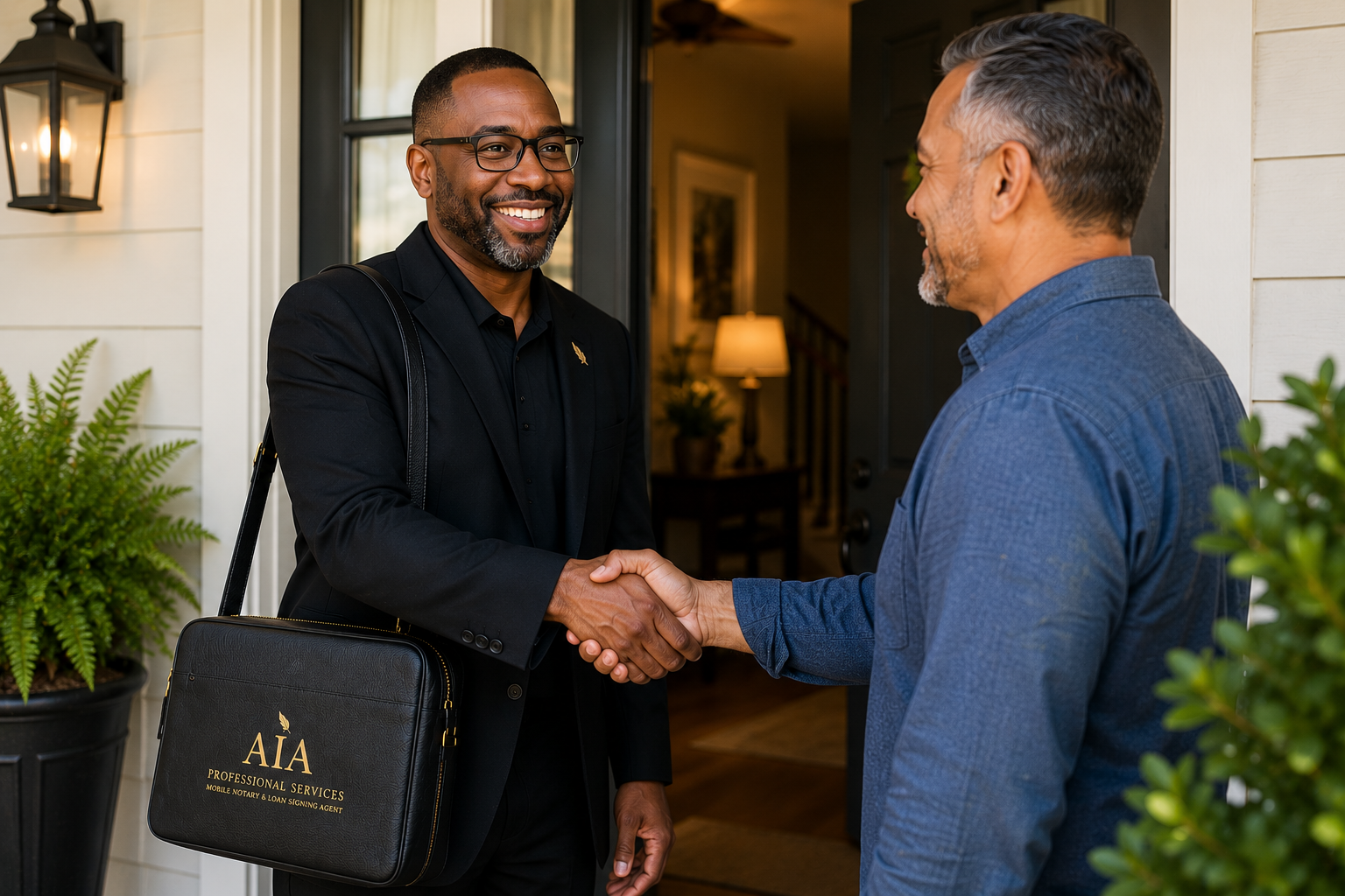 Two men shaking hands at the front door of a house, smiling, with plants and a lamp visible in the background.