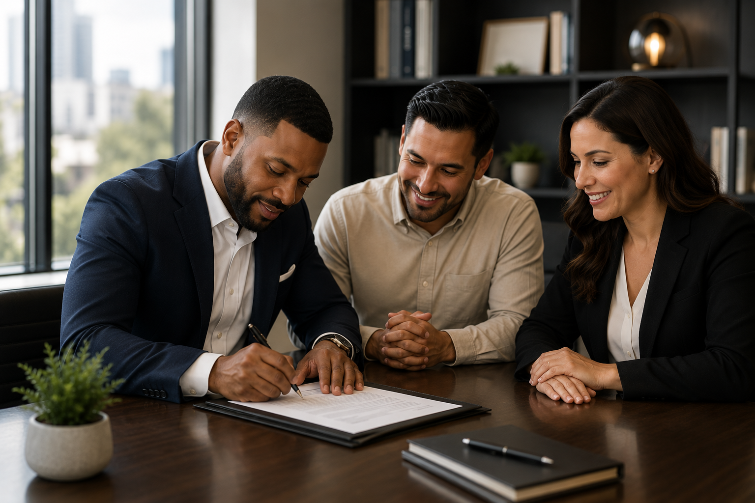 Three business professionals sitting at a table, signing a document, with two smiling individuals watching. A potted plant and a pen on the table, with shelves and large windows in the background.