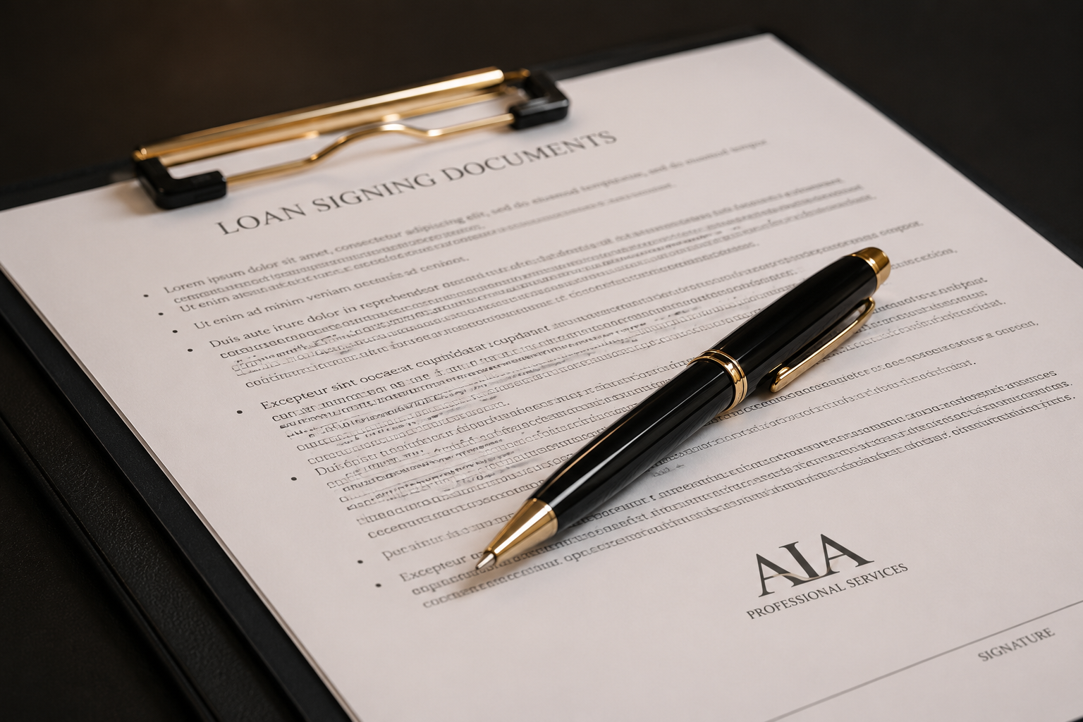 A document titled 'Loan Signing Documents' on a clipboard, with a black and gold pen resting on it, on a dark surface.
