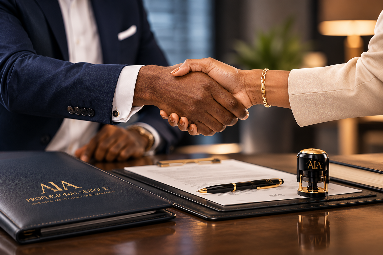 Two individuals shaking hands over a contract and documents on a table, with a black and gold stamp, a pen, and a binder labeled 'AIA Professional Services'.