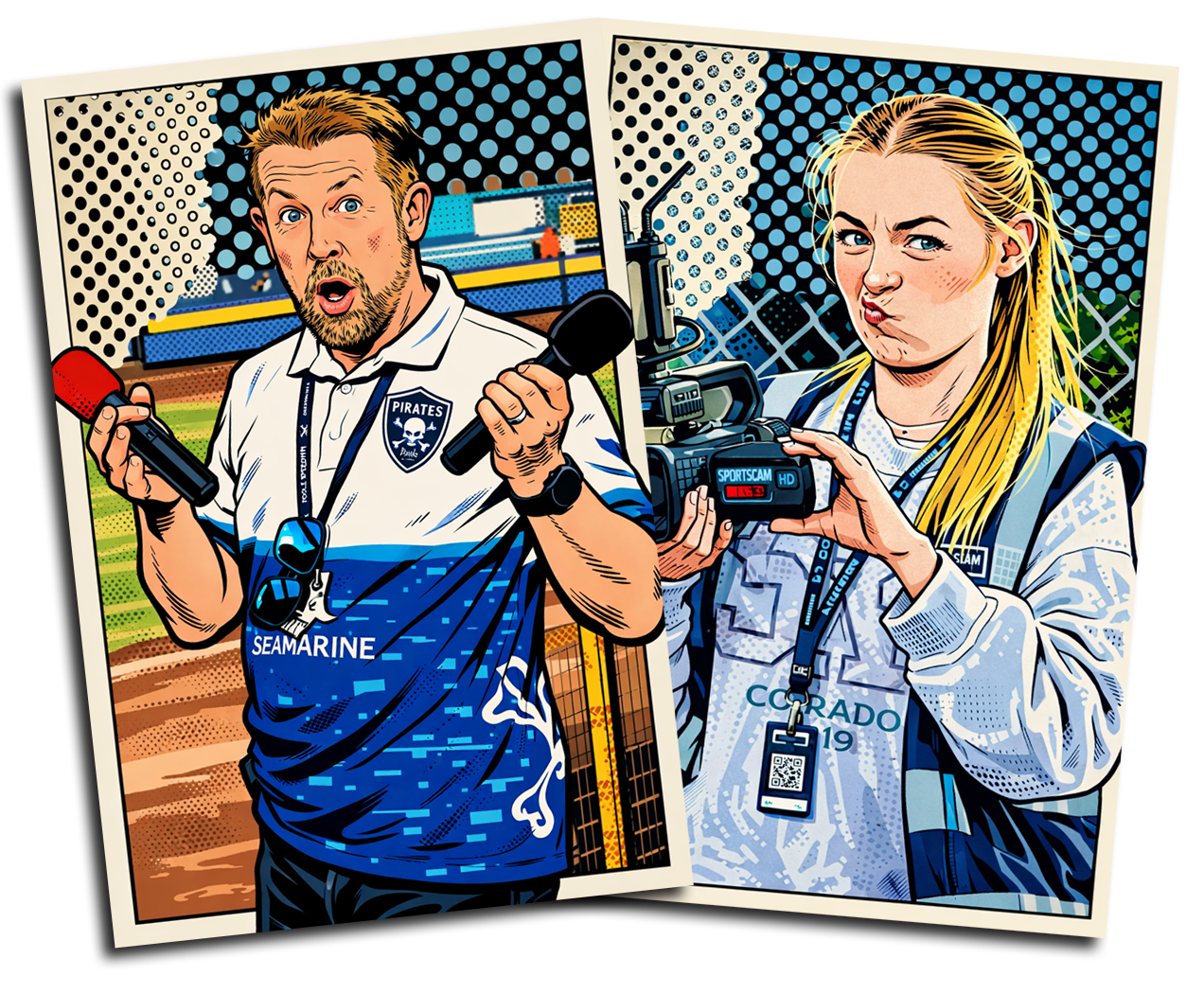 Two reporters, a man and a woman, wearing media badges and sports jerseys, are at a sports event. The man has a beard, short hair, and is holding two microphones with a surprised expression. The woman has long blonde hair and is holding a camera with a serious expression, standing outdoors with a sports field and stadium in the background.