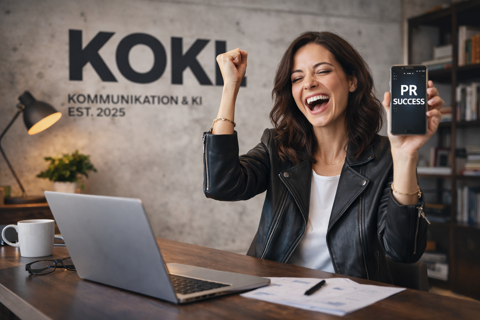 Eine lachende Frau in einem Büro zeigt auf ihr Smartphone mit der Aufschrift "PR SUCCESS" und hebt die Faust in Siegerpose. Im Hintergrund ein Wandlogo mit "KOK" und "Kommunikation & KI".