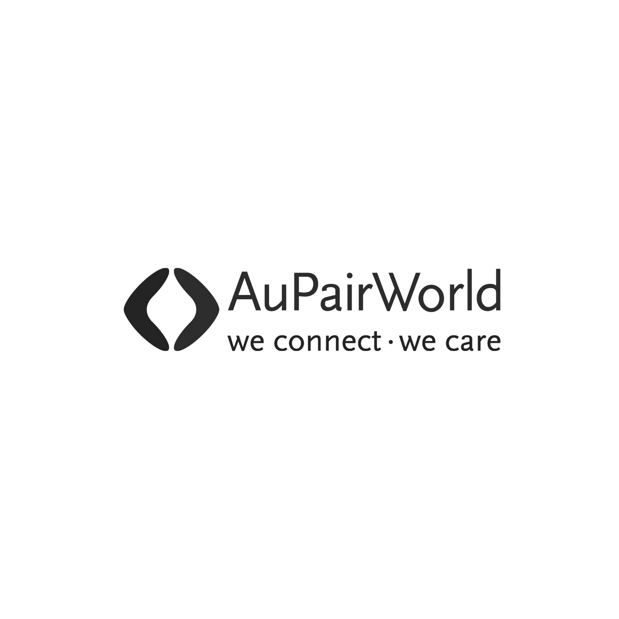 Das Bild zeigt das Logo von AuPairWorld mit dem Slogan »we connect · we care«. Das Logo besteht aus einer stilisierten, symmetrischen Form und dem Text in Schwarz auf hellem Hintergrund.