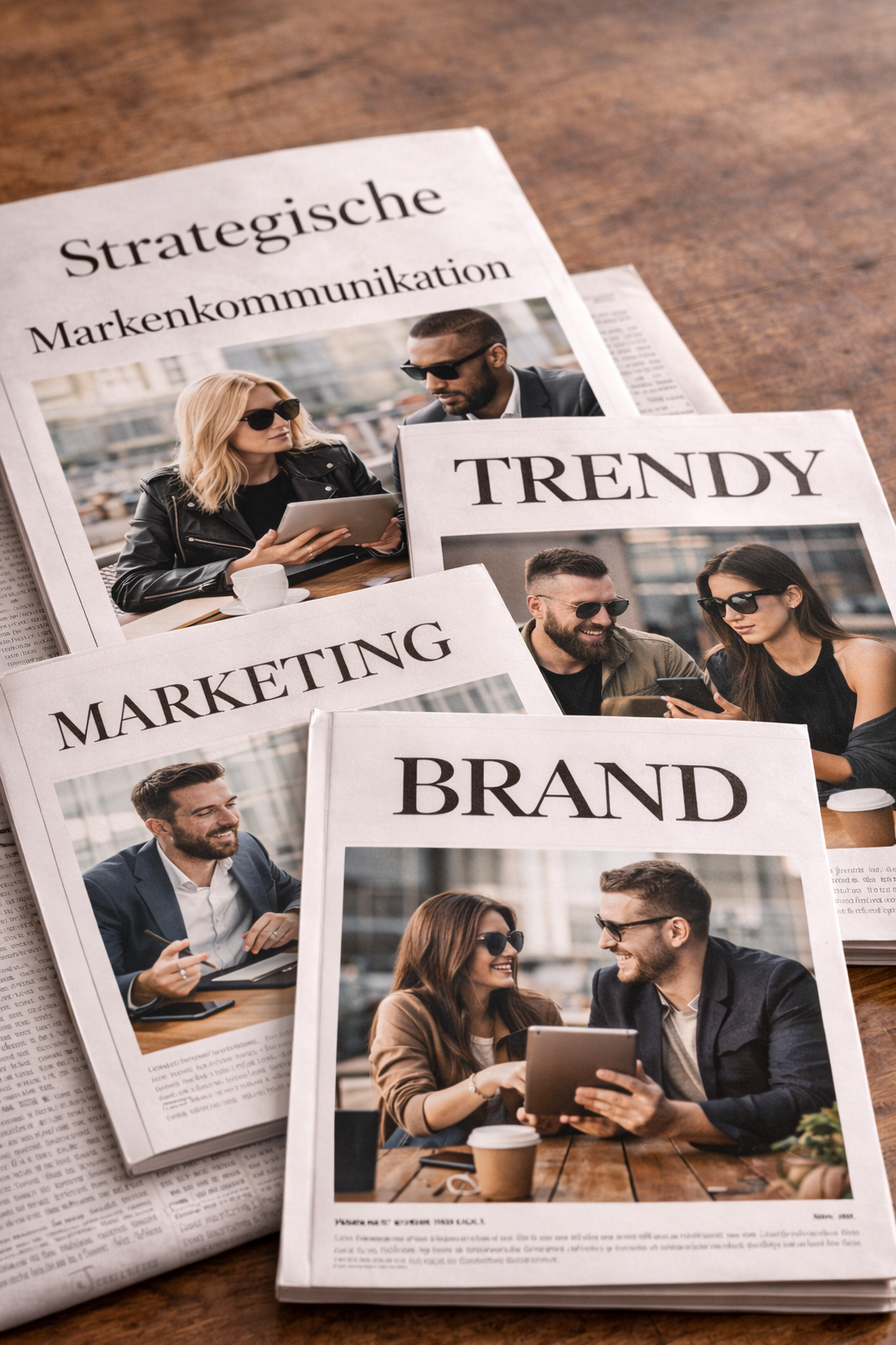 Mehrere Zeitungen mit Themen wie Markenkommunikation, Trend, Marketing und Marke, mit Bildern von Menschen, die sich unterhalten und lachen, auf einem Holz-Tisch.